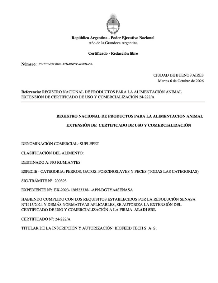 Vista previa: Certificado SENASA 24-222/A