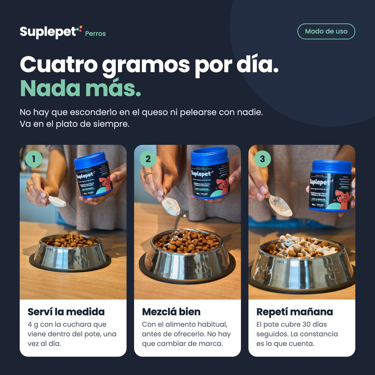 Modo de uso en tres pasos: servir 4 g con la cuchara que viene en el pote, mezclar con el alimento habitual y repetir al día siguiente