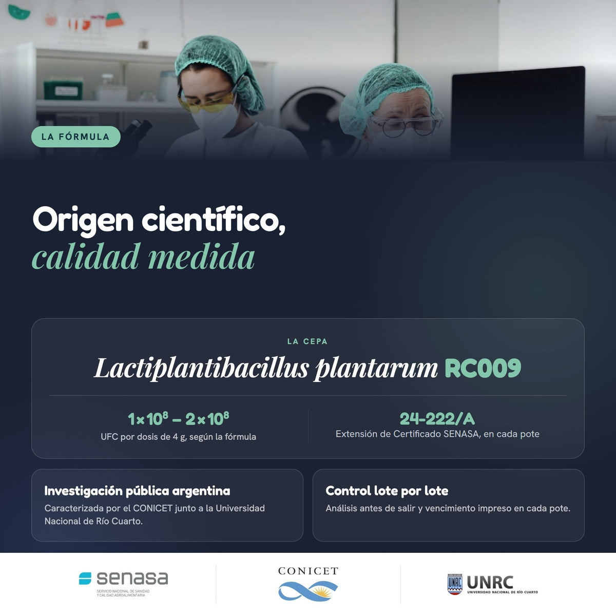 Origen científico de Suplepet: la cepa Lactiplantibacillus plantarum RC009, las UFC por dosis y la Extensión de Certificado SENASA Nº 24-222/A.