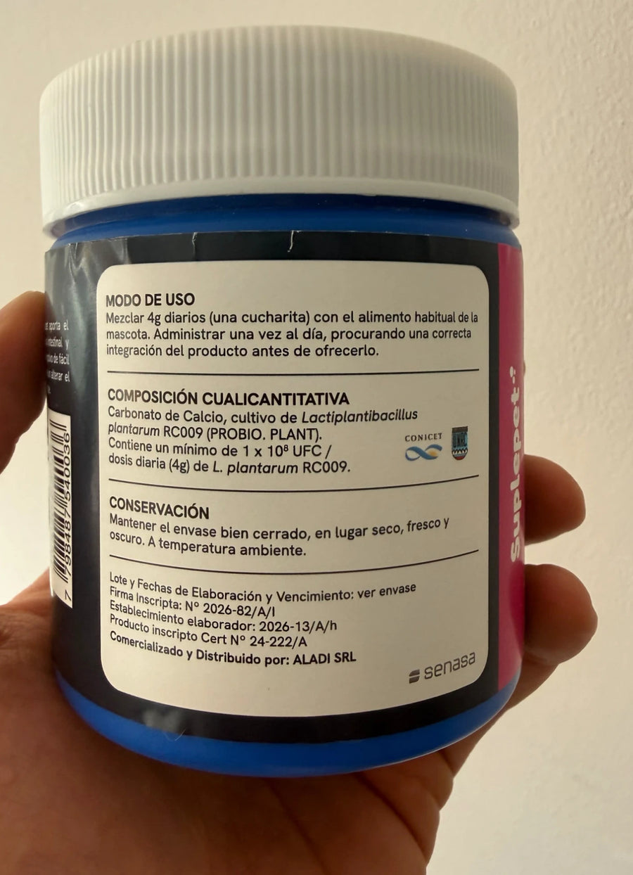 Rótulo trasero del pote de Suplepet, con el modo de uso, la composición y los números de registro